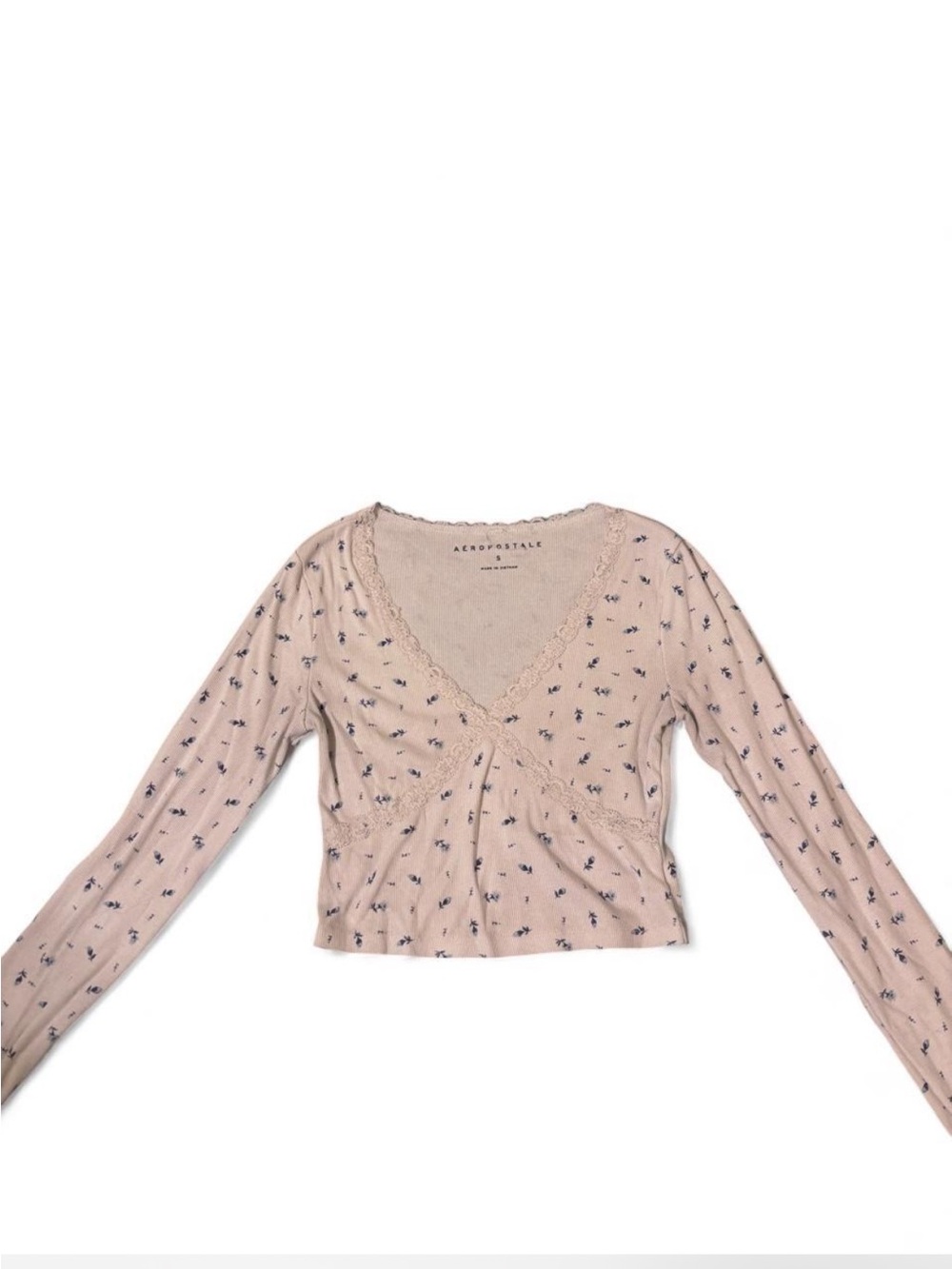 Aeropostale White Floral Lace-Trim Long Sleeve Top